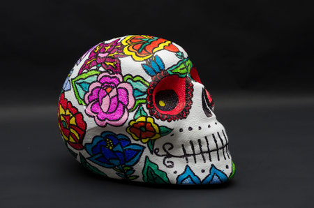 Hand painted  skulls with flowers against black background. Hand painted skulls for Halloween and...