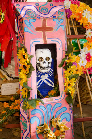 OAXACA, OAXACA, MEXICO- NOVEMBER 1, 2017: Skeleton in a coffin, part of the mexican Day of the Dead celebration in Oaxaca, Mexicoのeditorial素材