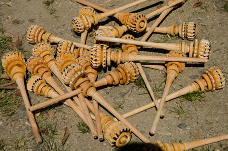 Mexican handicraft made of wood for churn the chocolate in Oaxaca, Mexicoの写真素材