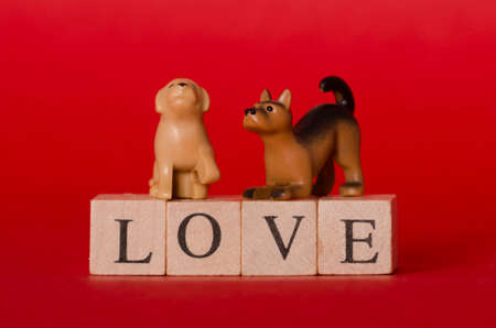 Toy puppies with wooden cubes with the word love against red backgroundの写真素材