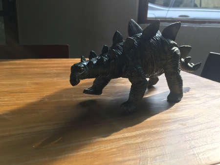 Saichania dinosaur toy isolated on a wooden table. Genus of herbivorous ankylosaurid dinosaur from the late Cretaceous period of Mongolia and China.の写真素材