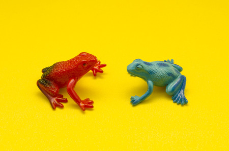 Plastic toy frogs on yellow background. Toy frogs on yellow backgroundの写真素材