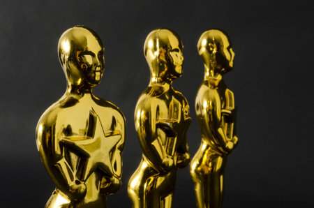 XALAPA, VERACRUZ, MEXICO- FEBRUARY 14, 2019: Plastic Oscar awards against black backgroundのeditorial素材