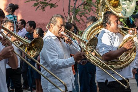 OAXACA, OAXACA, MEXICO- JULY 6, 2019: Musical band during the Convite, a party made for invite to a big traditional party called Guelaguetza in Oaxaca, Mexicoのeditorial素材