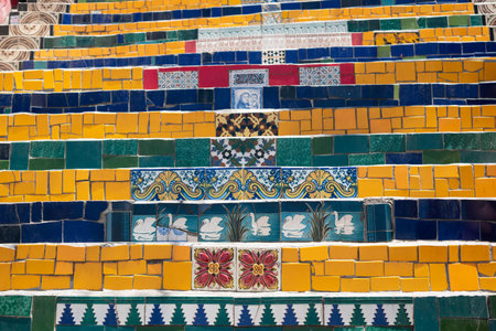 RIO DE JANEIRO, BRAZIL- OCTOBER 13, 2019: Colorful tiles at Selaron Steps or Escadaria Selaron. Has 215 steps covered in over 2000 tiles collected from over 60 countries around the worldのeditorial素材