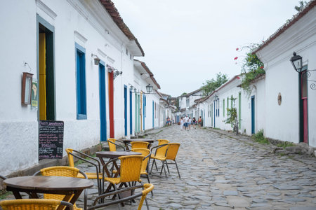 PARATY, RIO DE JANEIRO, BRAZIL- OCTOBER 17, 2019: Street and old Portuguese colonial houses in historic downtown in Paraty, state Rio de Janeiro, Brazilのeditorial素材