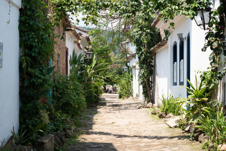 PARATY, RIO DE JANEIRO, BRAZIL- OCTOBER 17, 2019: Street and old Portuguese colonial houses in historic downtown in Paraty, state Rio de Janeiro, Brazilのeditorial素材