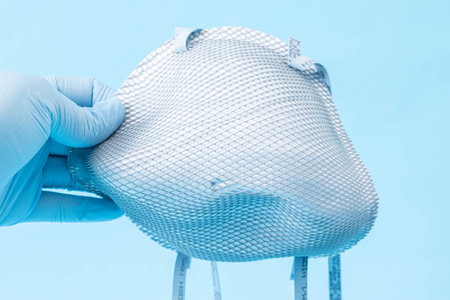 Hand with blue gloves holding a face mask on blue background