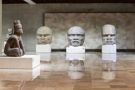 XALAPA, VERACRUZ, MEXICO- FEBRUARY 20, 2020: Traditional Olmeca heads from Tabasco, Veracruz, Mexico at Museo de Antropologia de Xalapa at Xalapa, Veracruz, Mexicoのeditorial素材