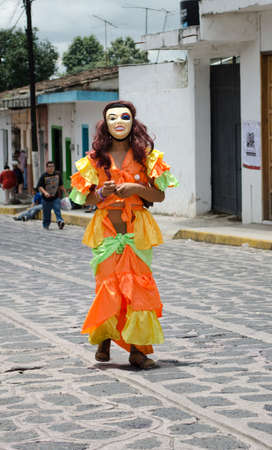 XICO, VERACRUZ, MEXICO- JULY 20, 2013: Portrait of a man dressed with traditional costume during the festivities of Santa Maria Magdalena in Xico, Veracruz, Mexicoのeditorial素材