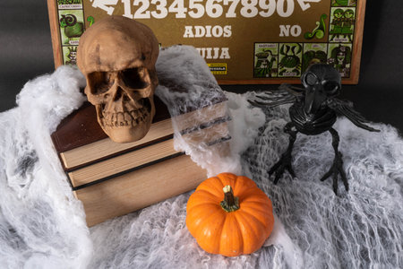XALAPA, VERACRUZ, MEXICO- OCTOBER 8, 2020: Raven skeleton, books, skull, little pumpkins, spider web...