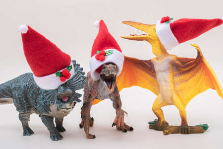Toy dinosaurs with Santa Claus hats singing christmas carols on white background.の写真素材