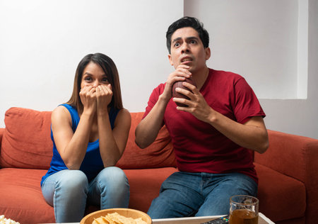 Latin couple sitting on a couch, worried during an american football game.の写真素材
