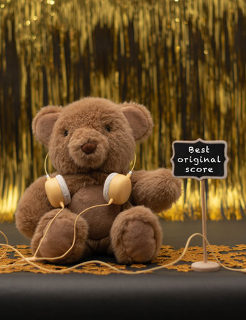 Cute teddy bear with yellow headphones, little chalkboard with "Best original score" written with white chalk, and little golden stars on black. Golden curtain as backdropの写真素材