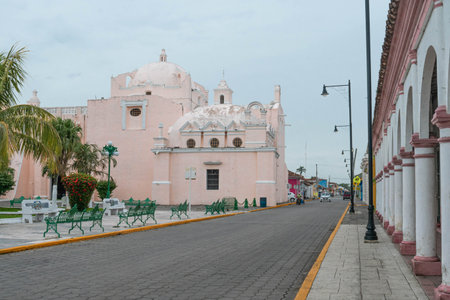 TLACOTALPAN, VERACRUZ, MEXICO- AUGUST 20, 2021: Downtown of Tlacotalpan with a view of Santuario de...