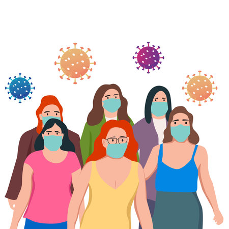 People wearing protective face mask. Social distancing during covid-19 pandemic.のイラスト素材