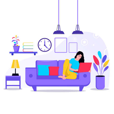 Relaxing at home Illustration concept. social distancing during covid-19 outbreak. female working on laptop at homeのイラスト素材