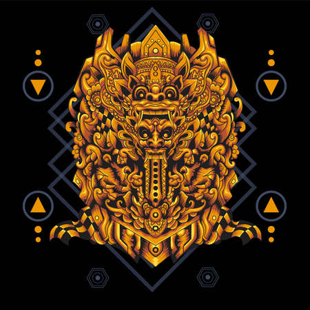 Barong Rangda Sacred Geometry Yellow Color. Perfect for t-shirt/apparel, merchandise, pin design, tote bag, etcのイラスト素材