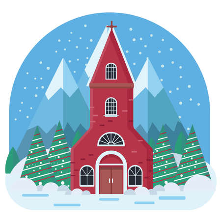 Cozy winter church illustration. Merry Christmas illustrationのイラスト素材