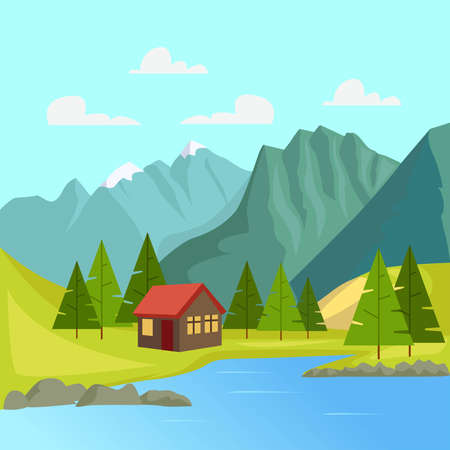 vector illustration of beautiful mountain and river in flat design styleのイラスト素材