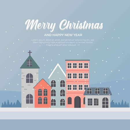 Merry Christmas, Happy New Year greeting card with text. Winter townscape with houses and snowのイラスト素材