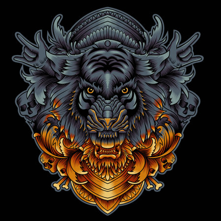 angry tiger face with ornament backgroundのイラスト素材