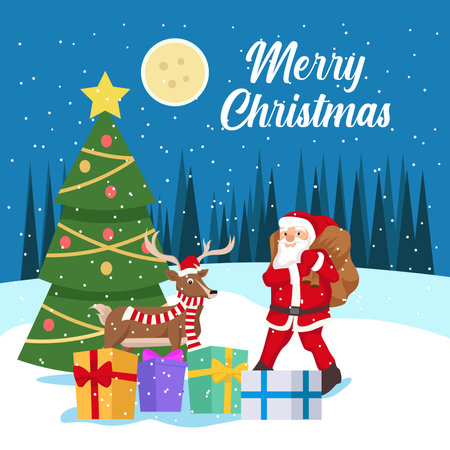 Merry Christmas! Happy Christmas companions. Santa Claus, Reindeer and elf in Christmas snow scene.のイラスト素材