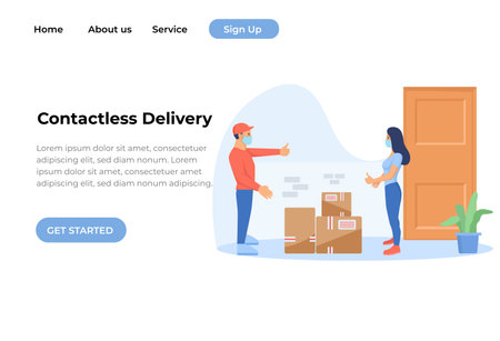 Safe home delivery during epidemic: man delivering a box to a customer and leaving the box at a safe distance, he is wearing mask and glovesのイラスト素材