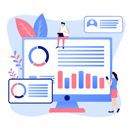 Web survey concept with characters. Can use for web banner, infographics. Flat vector illustration isolated on white background.のイラスト素材
