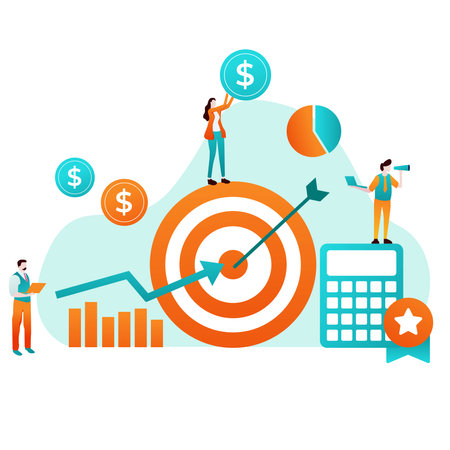 Target business illustration. Successful professional team hitting target. Vector illustration for challenge, aim, achievement, teamwork, business, marketing conceptのイラスト素材