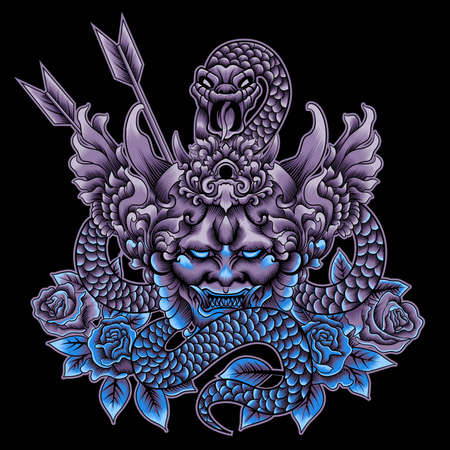 Hannya mask with snake illustrationのイラスト素材