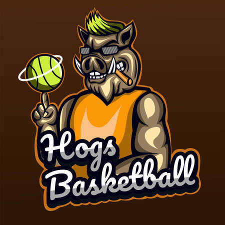 Hog with basketball mascot logo. easy to edit and customizeのイラスト素材