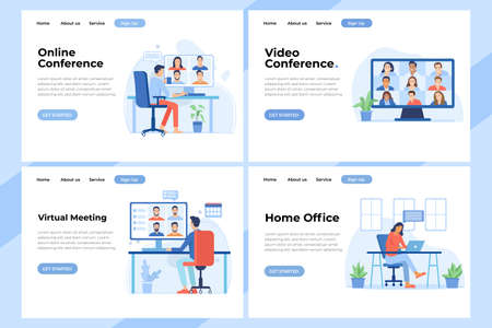 Set of Landing page design templates of Video Conference. Easy to edit and customize. Modern Vector illustration conceptのイラスト素材