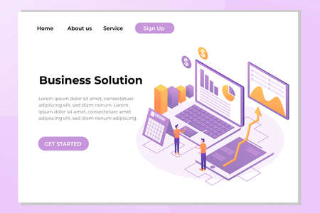 Unique Modern flat design concept of Business Solution Landing page. People interacting with charts and analyzing statistics. Easy to edit and customize. Vector illustrationのイラスト素材