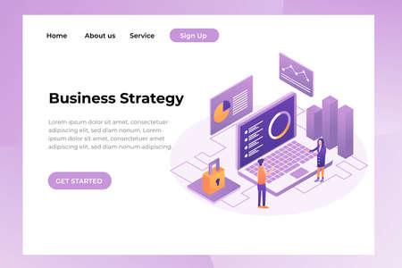 Flat design concept business strategy landing page. 3d isometric flat design. Analysis data and Investment. .Financial review with laptop and infographic elements. Easy to edit and customizeのイラスト素材