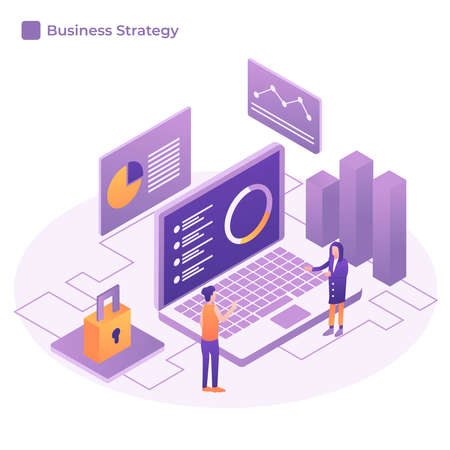 Flat design concept business strategy. 3d isometric flat design. Analysis data and Investment. Business success.Financial review with laptop and infographic elements. Vector illustration.のイラスト素材