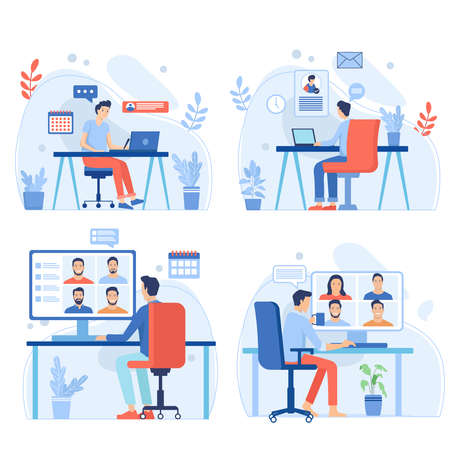 Video conference. People group on computer screen taking with colleague. Video conferencing and online communication vector concept. Illustration of communication screen conference, videoconferencingのイラスト素材