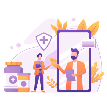 Doctor Pharmacist in Online Drugstore Standing near Smartphone. Medicine Pills and Bottles in Shopping Basket. Pharmacy Store Concept.のイラスト素材