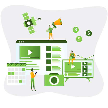 Video production, video footage editing and montage, creating video content flat vector illustration design for mobile and web graphicsのイラスト素材