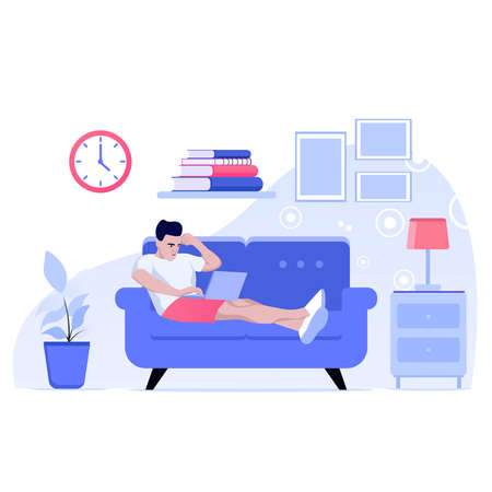 man with laptop sitting on the chair. Freelance or studying concept. Cute illustration in flat style.のイラスト素材