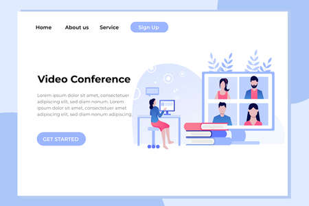 Video conference landing. People on computer screen taking with colleague. Videoconferencing and online meeting workspace vector pageのイラスト素材