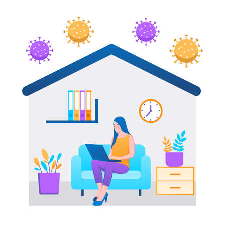 girl with laptop sitting on the chair. Freelance or studying concept. Cute illustration in flat style.のイラスト素材