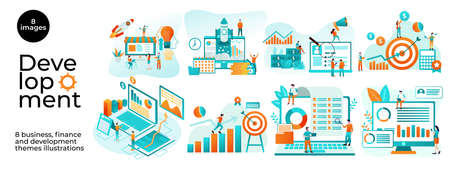 Business Development illustrations. Mega set. Collection of scenes with men and women taking part in business activities. Trendy vector styleのイラスト素材