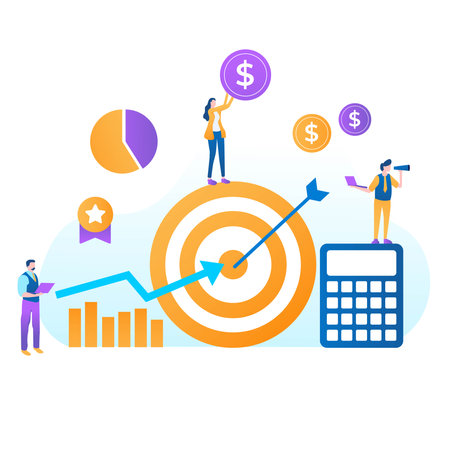 Flat design concept teamwork to build organizational success By setting the right marketing target. Vector illustrations.のイラスト素材