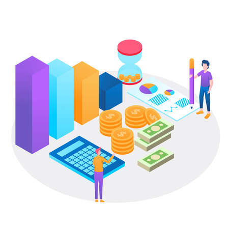 Bank development economics strategy. Commerce solutions for investments, analysis concept. Analysis of sales, statistic grow data, accounting infographic. Economic deposits flat isometric illustrationのイラスト素材