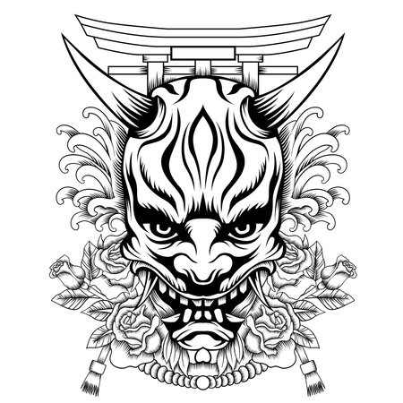 Oni mask illustration tattoo style in black and whiteのイラスト素材