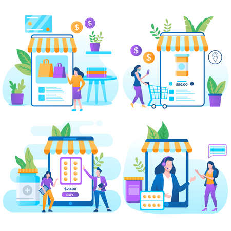 Set of Illustration for Online Store and Medical Assistance. Modern vector illustration concepts for website and mobile website development.のイラスト素材