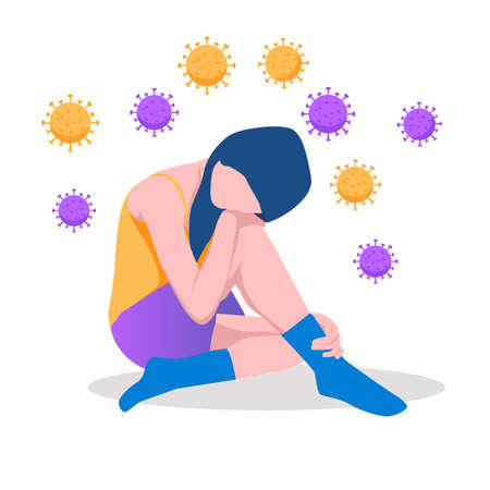 Solitude and depression from social distancing, isolated stay home alone in COVID-19 coronavirus crisis, anxiety from virus infection, Sad unhappy depressed woman sit alone with virus pathogensのイラスト素材
