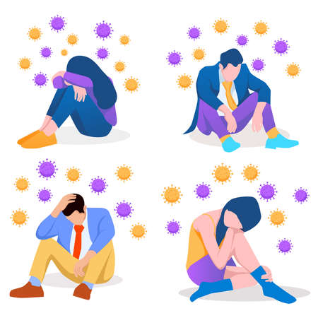 Solitude and depression from social distancing, isolated stay home alone in COVID-19 coronavirus crisis, anxiety from virus infection, Sad unhappy depressed people sit alone with virus pathogensのイラスト素材