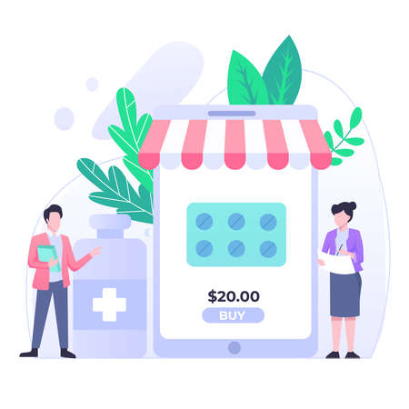 Patient and pharmacist doctor infographic, healthy recipe element, medicament for aid, professional medication. Computer and pills banner. Images for client at shop. Flat Vector Illustrationのイラスト素材